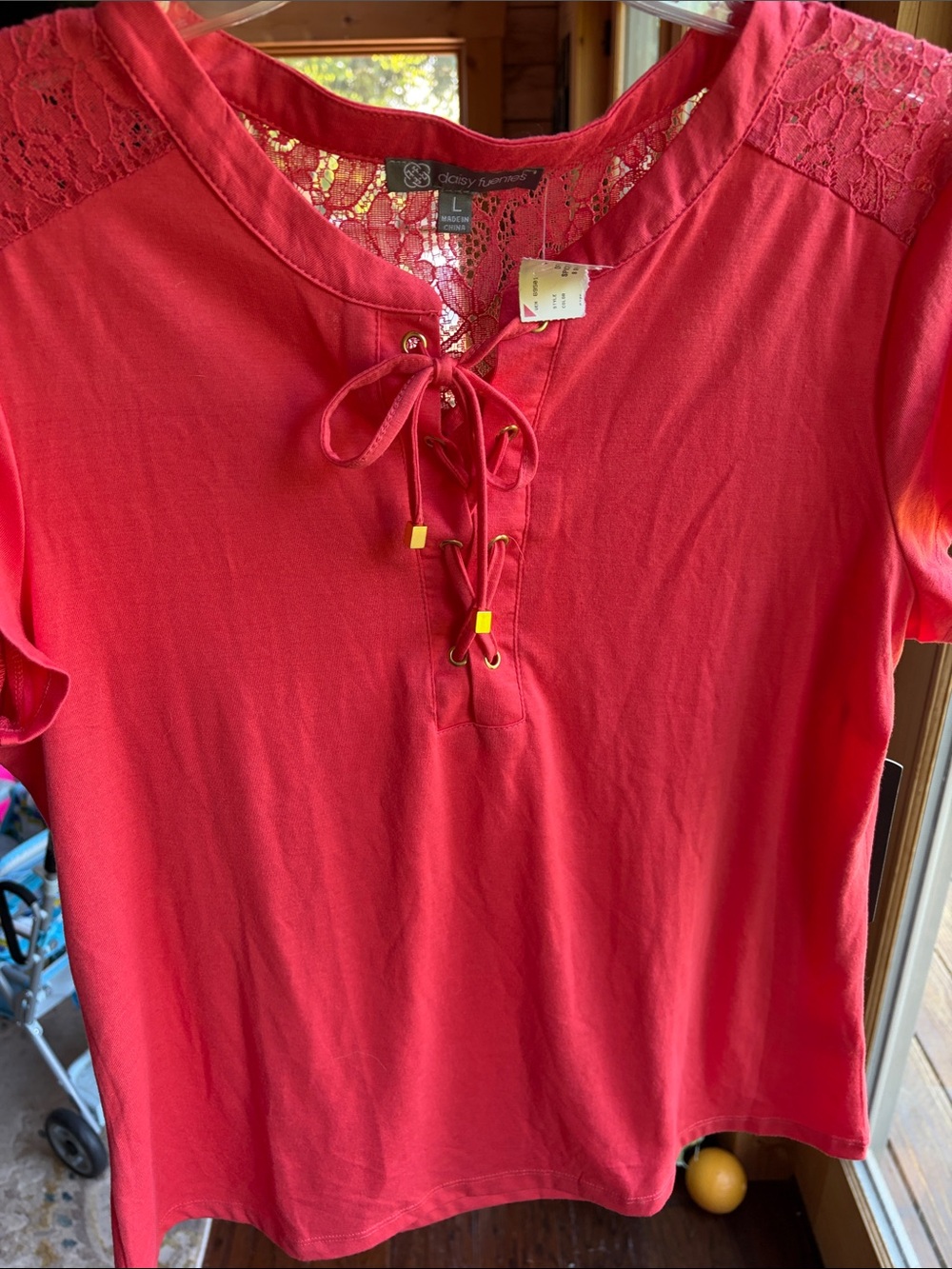 Daisy Fuentes coral Lace-Shoulder Lace-Up Short Sleeve Top